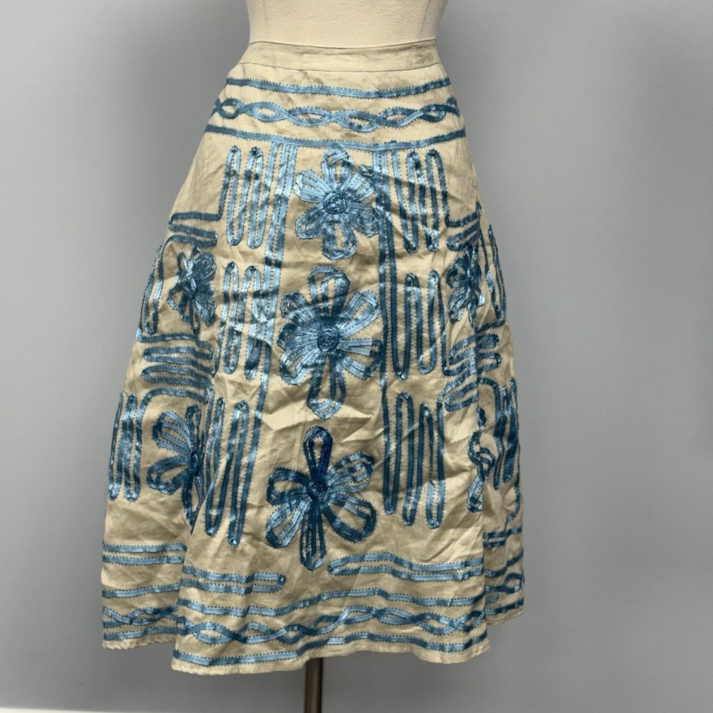 NWT Carole Little 100% Linen Skirt 8 Khaki & Teal Floral Ribbon Appliqué Vintage